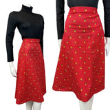 VINTAGE 60s 70s RED WHITE YELLOW POLKA-DOT DAISY FLOWER MIDI A-LINE SKIRT 8 10