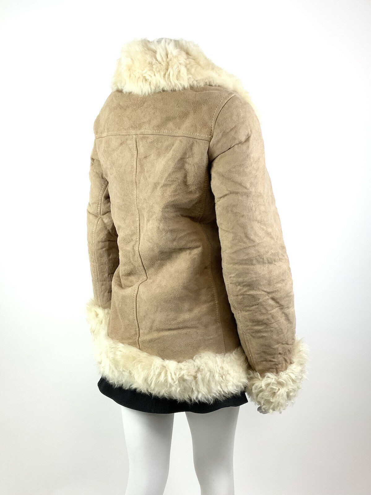 VTG 60s 70s BEIGE CREAM SUEDE LEATHER SHEARLING FUR BOHO MOD SHORT COAT 14 16