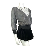 VINTAGE 70s 80s BLACK SILVER GEOMETRIC DISCO PARTY LUREX BATWING KNIT TOP 10 12