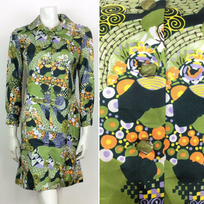 VINTAGE 70s ABSTRACT PSYCHEDELIC SHIRT DRESS GREEN PURPLE YELLOW SWIRL 12 14