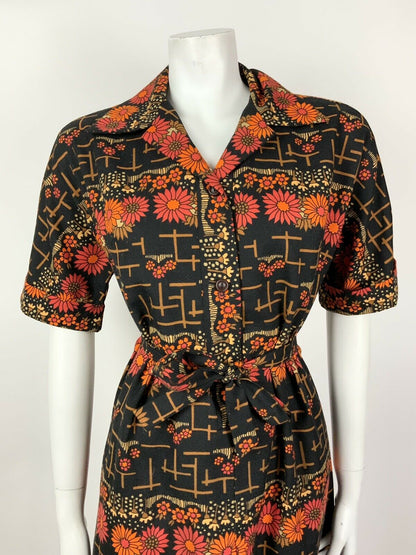 VINTAGE 60s 70s BLACK ORANGE RED BEIGE FLORAL DAISY BELTED SHIRT DRESS 12 14