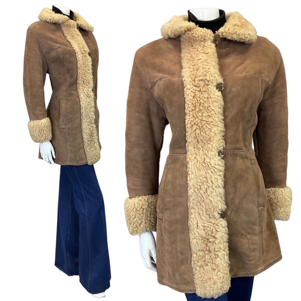 VINTAGE 60s 70s PEANUT BROWN SUEDE LEATHER MOD BOHO SHEARLING SHORT COAT 12