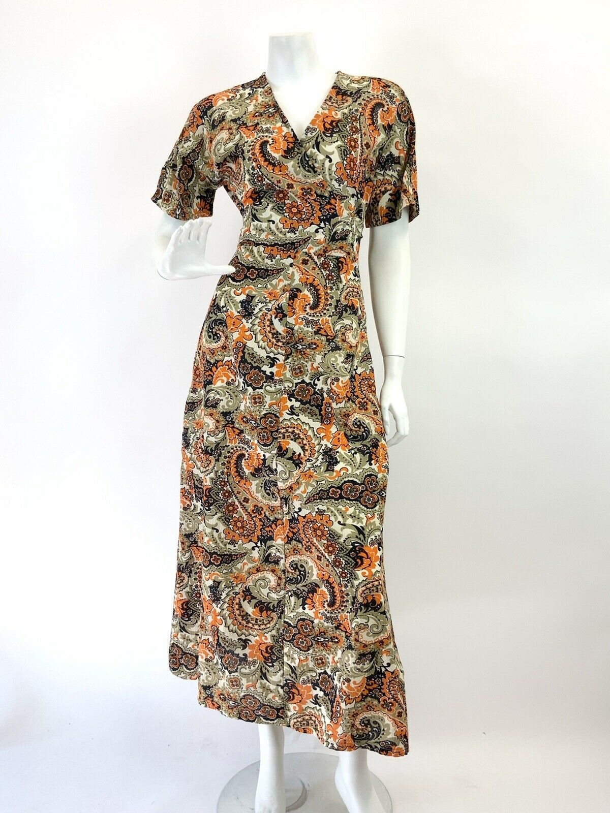 VTG 60s 70s BEIGE BLUE ORANGE PSYCHEDELIC FLORAL PAISLEY WRAP MAXI DRESS 10 12