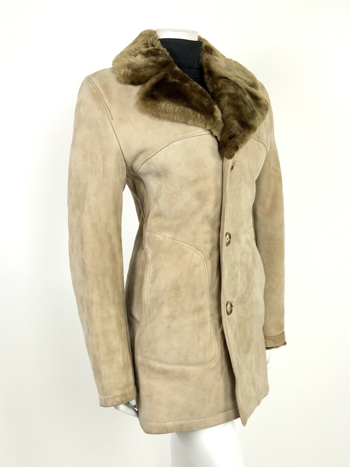 VTG 60s 70s BEIGE BROWN SUEDE LEATHER FUR TRIM SHEARLING HIPPY BOHO COAT 10 12