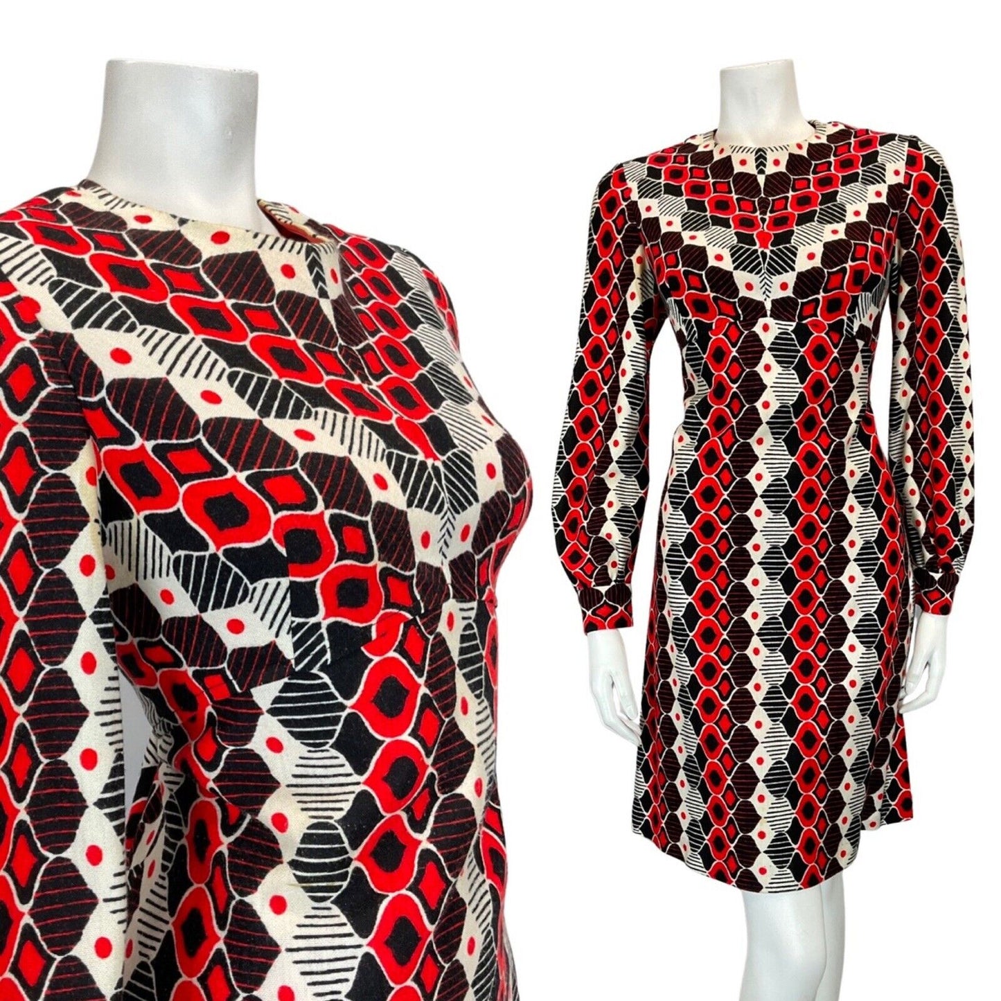 VINTAGE 60s 70s RED BLACK WHITE GEOMETRIC DIAMOND LONGSLEEVE DRESS 12