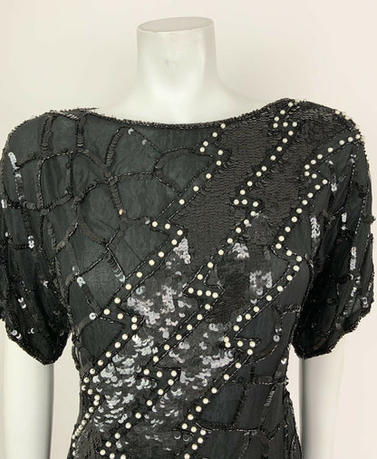 VINTAGE 70s 80s BLACK WHITE SEQUIN BEADED PEARL DISCO PARTY BLOUSE TOP 12 14 16