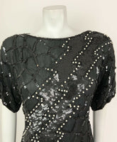 VINTAGE 70s 80s BLACK WHITE SEQUIN BEADED PEARL DISCO PARTY BLOUSE TOP 12 14 16