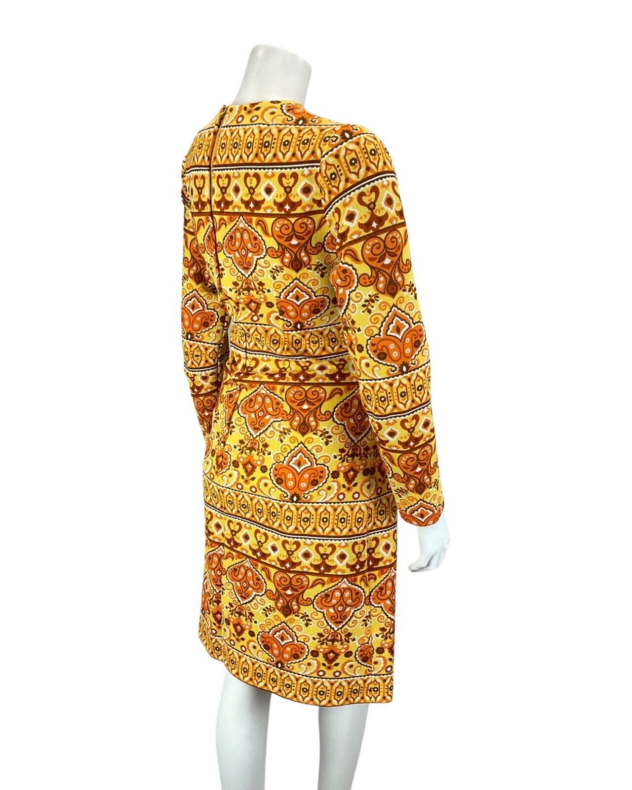 VINTAGE 60s 70s YELLOW BROWN ORANGE MANDALA FLOWER PSYCHEDELIC FITTED DRESS 12