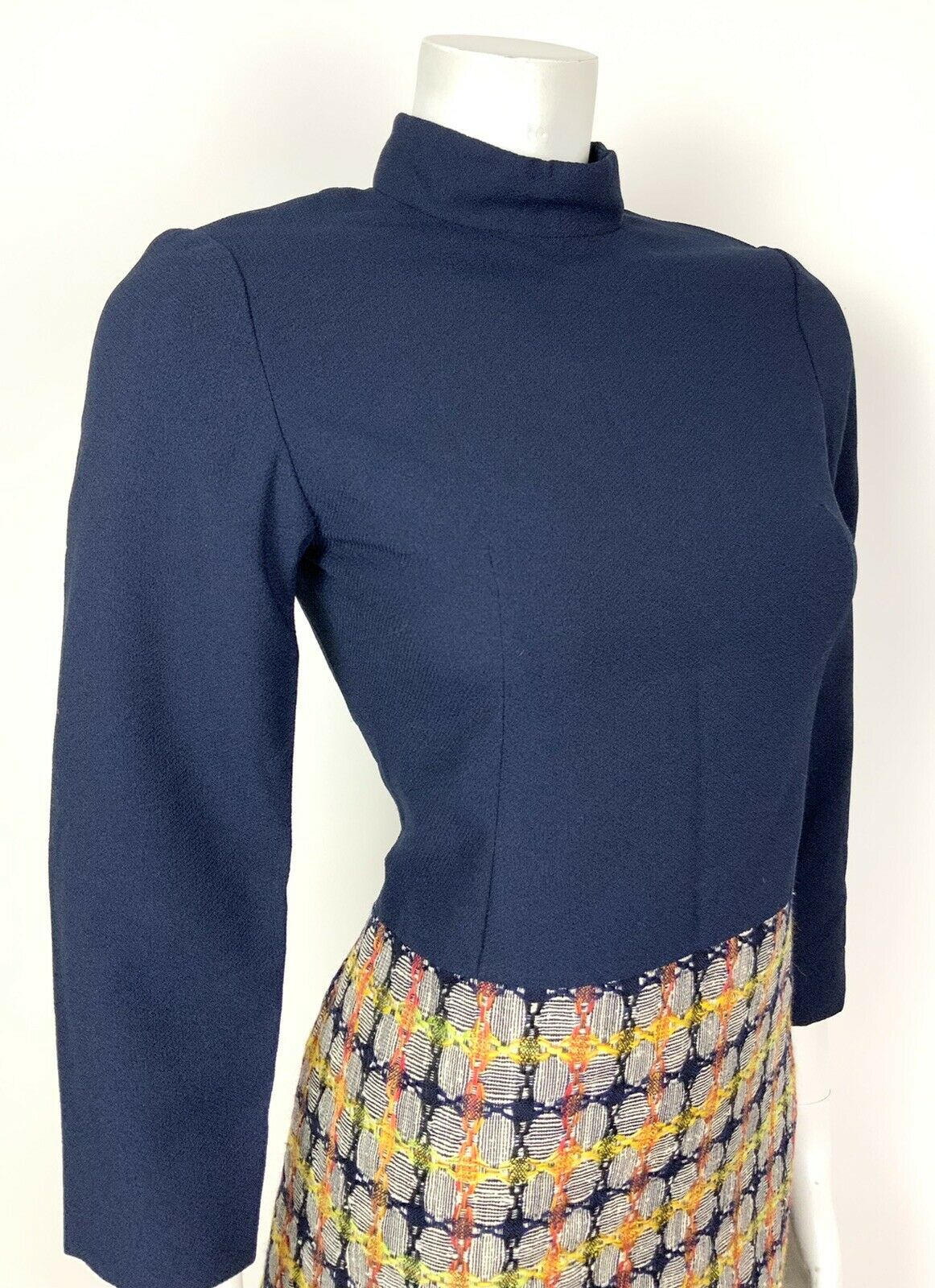 VINTAGE 60s 70s BLUE WHITE YELLOW RED CHECKED CIRCLE GEOMETRIC SHIFT DRESS 8