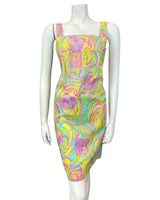 VTG 60s STYLE 90s GREEN YELLOW PINK PSYCHEDELIC SWIRL MOD EMPIRE SUN DRESS 6