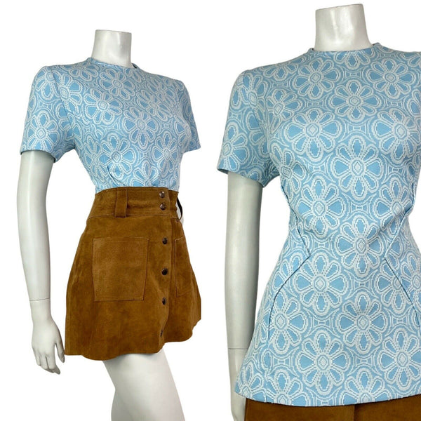 VINTAGE 60s 70s BABY BLUE WHITE DAISY FLORAL MOD KNIT SHORT-SLEEVE TOP 12 14