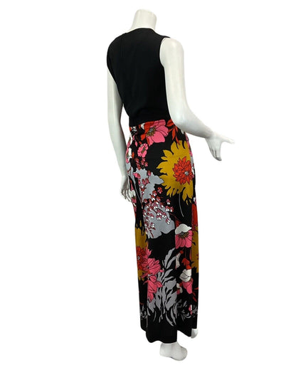 VINTAGE 60s 70s BLACK PINK RED YELLOW PSYCHEDELIC FLORAL MAXI DRESS 14