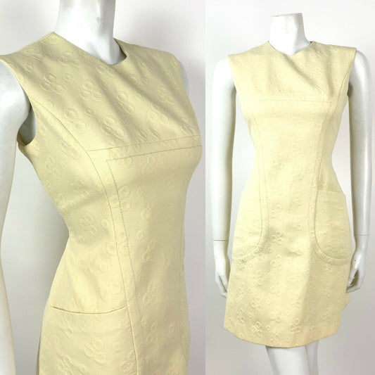 VINTAGE 60s 70s YELLOW CREAM CIRCLE MOD SLEEVELESS MINI DRESS 10 12