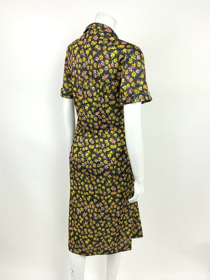 VINTAGE 60s 70s GREY YELLOW PINK WHITE FLORAL DITSY TURTLENECK SHIFT DRESS 14 16