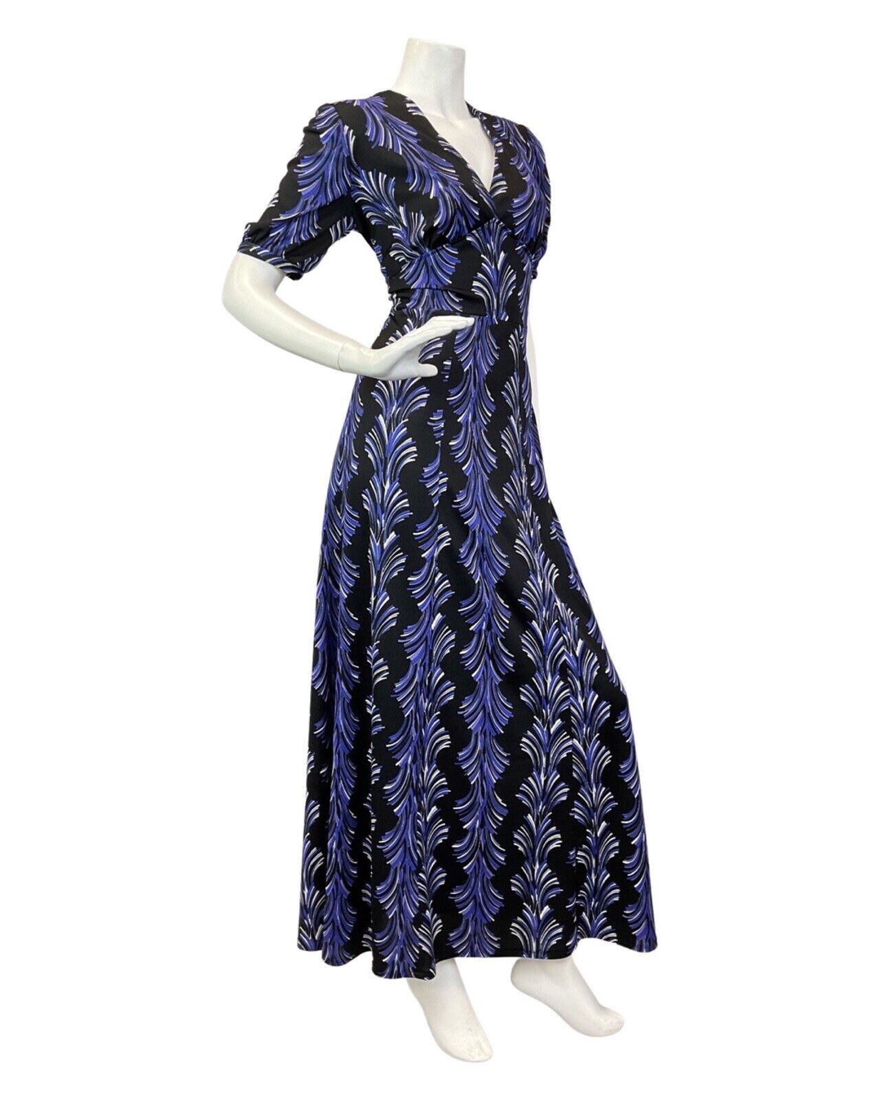 VINTAGE 60s 70s BLACK PURPLE WHITE ACANTHUS DECO MAXI DRESS 12 14