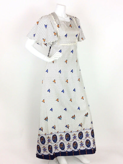 VINTAGE 60s 70s FLORAL POLKA DOT MAXI DRESS WHITE BLUE BLACK DITSY 10 12