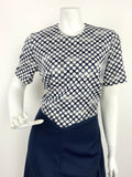 VINTAGE 60s 70s NAVY BLUE WHITE POLKA DOT OP ART DRESS 12