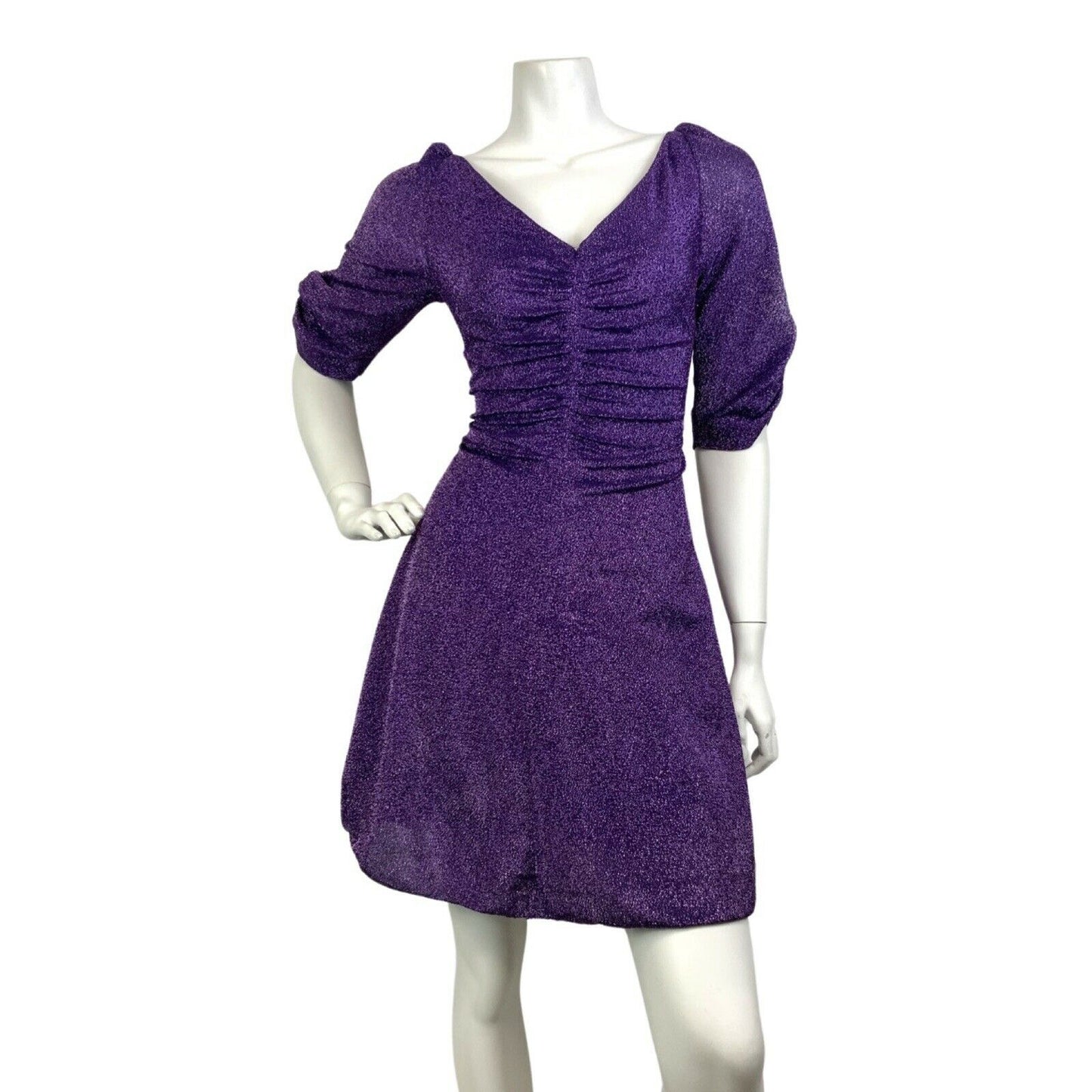 VINTAGE 60s 70s VIOLET PURPLE SPARKLY LUREX PUFF SLEEVE DISCO PARTY DRESS 8