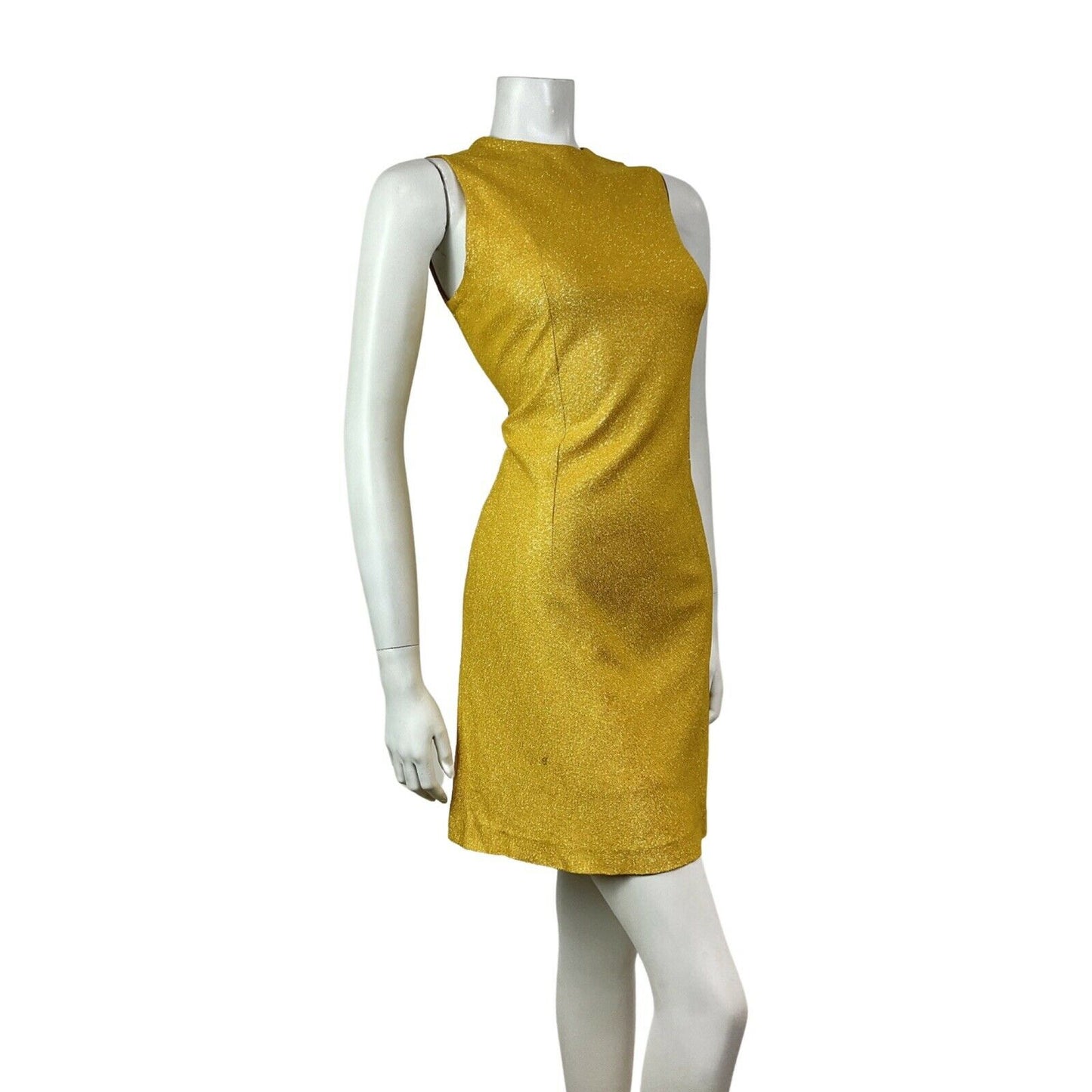 VINTAGE 60s 70s GOLD YELLOW GLITTER LUREX DISCO GLAM PARTY SLEEVELESS DRESS 10