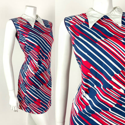 VINTAGE 60s 70s BLUE RED WHITE STRIPED DAGGER COLLAR MOD MINI SHIFT DRESS 8 10