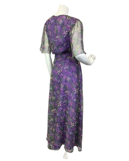 VINTAGE 60s 70s PURPLE BLACK GREEN FLORAL DITSY SHEER BELTED MAXI DRESS 16