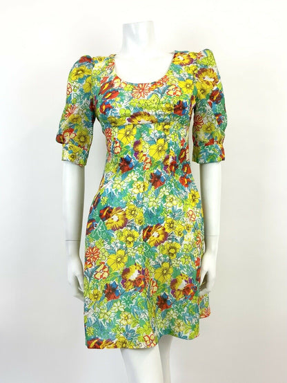 VTG 60s 70s GREEN BLUE YELLOW PSYCHEDELIC FLORAL PUFF SLEEVE MOD MINI DRESS 8