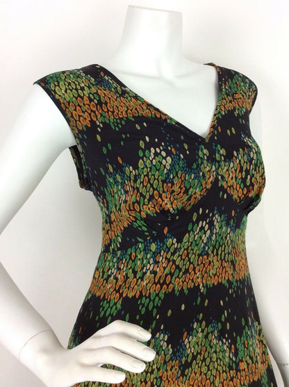 VINTAGE 60s 70s MAXI DRESS ABSTRACT LEAF TEARDROP GREEN ORANGE BLUE BLACK 14 16