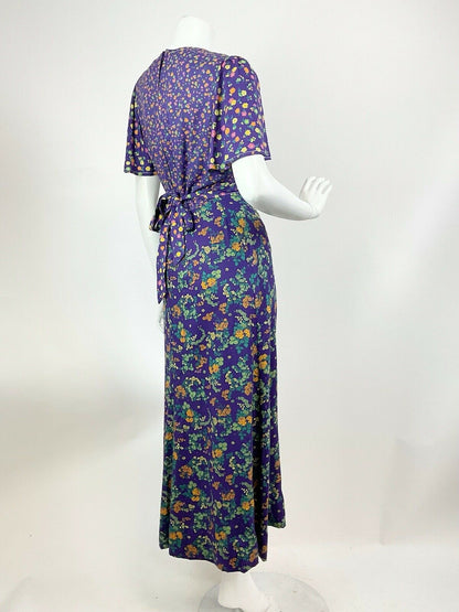 VINTAGE 60s 70s PURPLE PINK GREEN FLORAL DITSY CAPE SLEEVE MOD MAXI DRESS 10 12