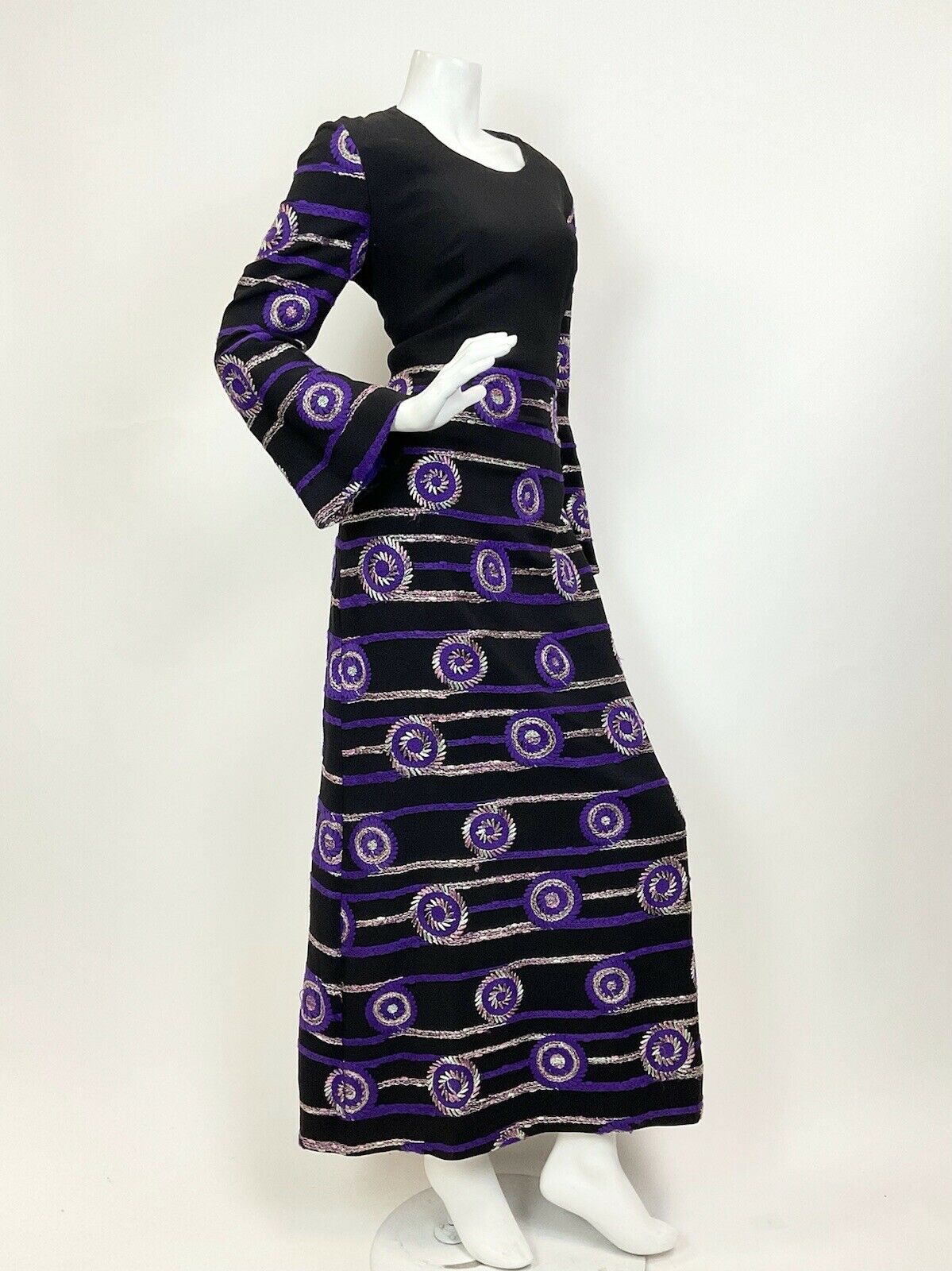 VTG 60s 70s BLACK PURPLE GOLD MINT EMBROIDERED GEOMETRIC MOD MAXI DRESS 12 14