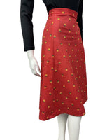 VINTAGE 60s 70s RED WHITE YELLOW POLKA-DOT DAISY FLOWER MIDI A-LINE SKIRT 8 10