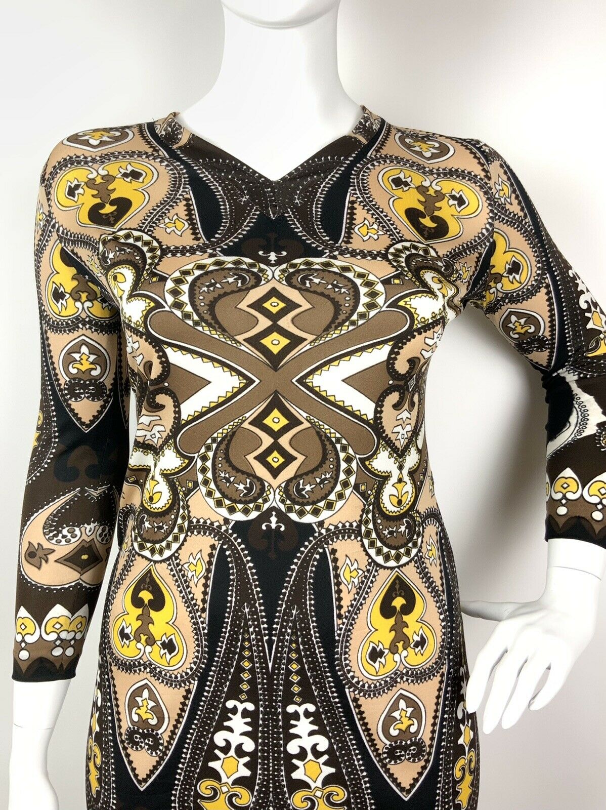 VINTAGE 60s 70s BLACK BROWN BEIGE YELLOW PAISLEY ETHNIC PSYCHEDELIC DRESS 16 18