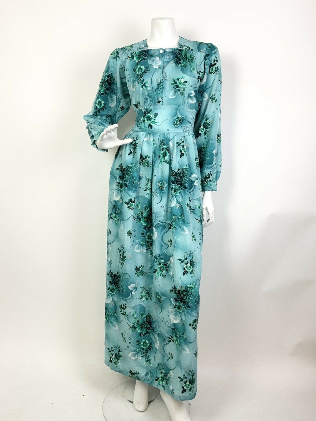 VINTAGE 60s 70s SEA BLUE GREEN GOLD FLORAL LEAFY SWIRL MAXI DRESS 14 16