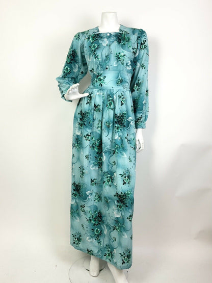 VINTAGE 60s 70s SEA BLUE GREEN GOLD FLORAL LEAFY SWIRL MAXI DRESS 14 16