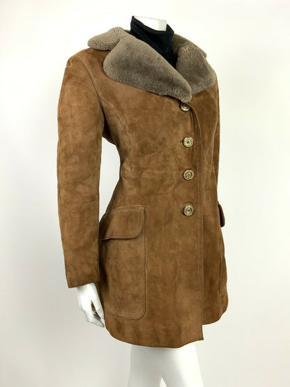 VTG 60s 70s CARAMEL BROWN GREY FAUX FUR SUEDE LEATHER BOHO SHEARLING COAT 10 12