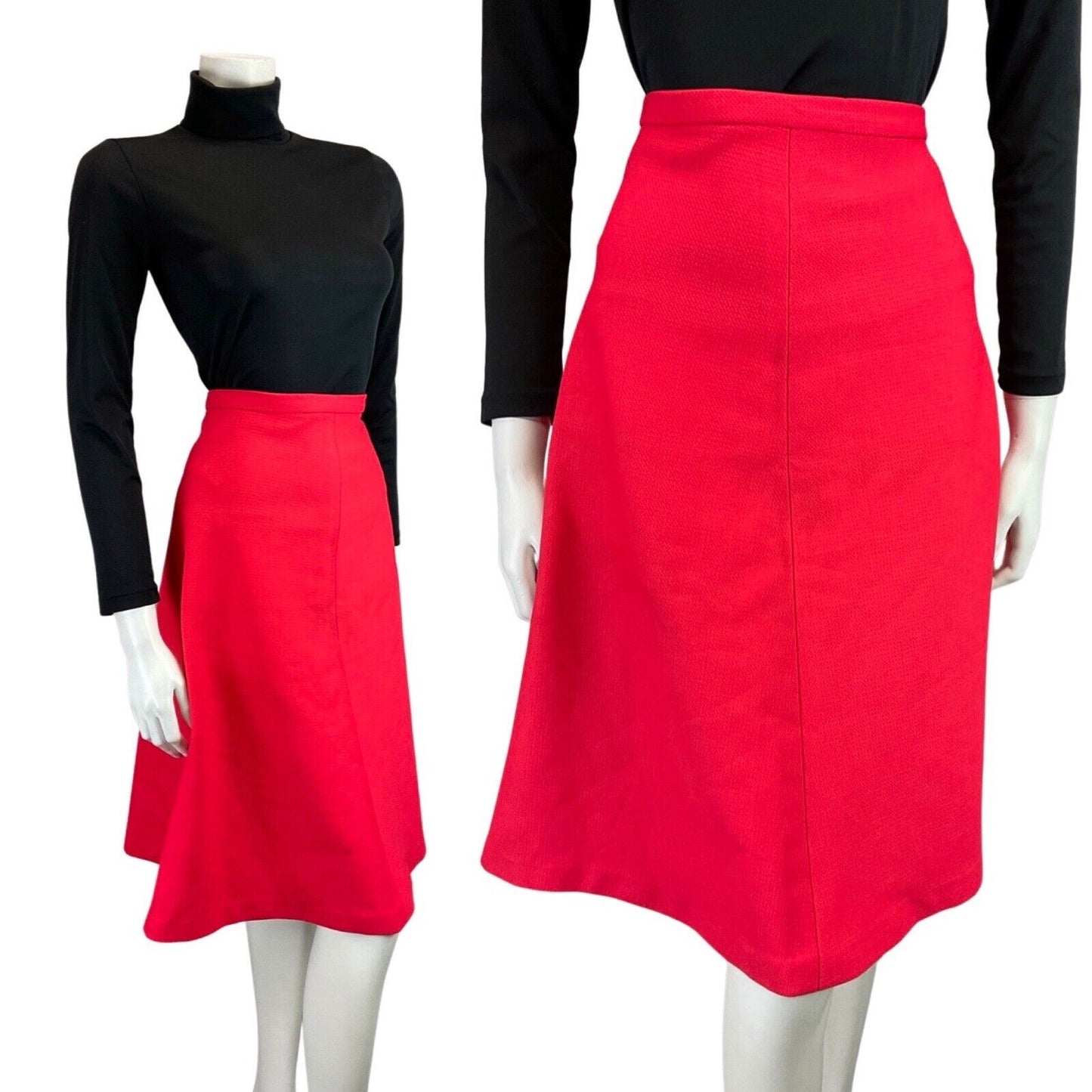 VINTAGE 60s 70s BRIGHT RED MOD KNEE-LENGTH FLARED SKIRT 12 14