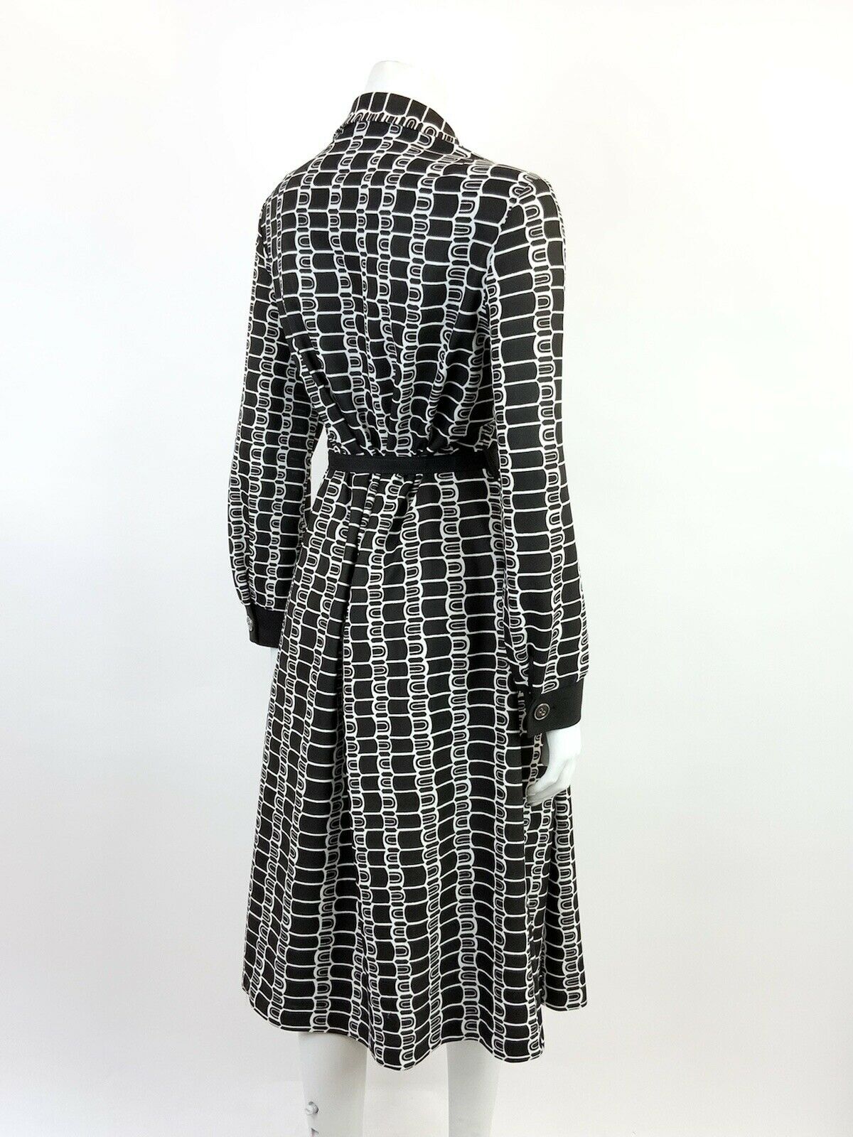 VINTAGE 60s 70s DARK BROWN WHITE GEOMETRIC BELTED SHIRT MIDI DRESS 14 16