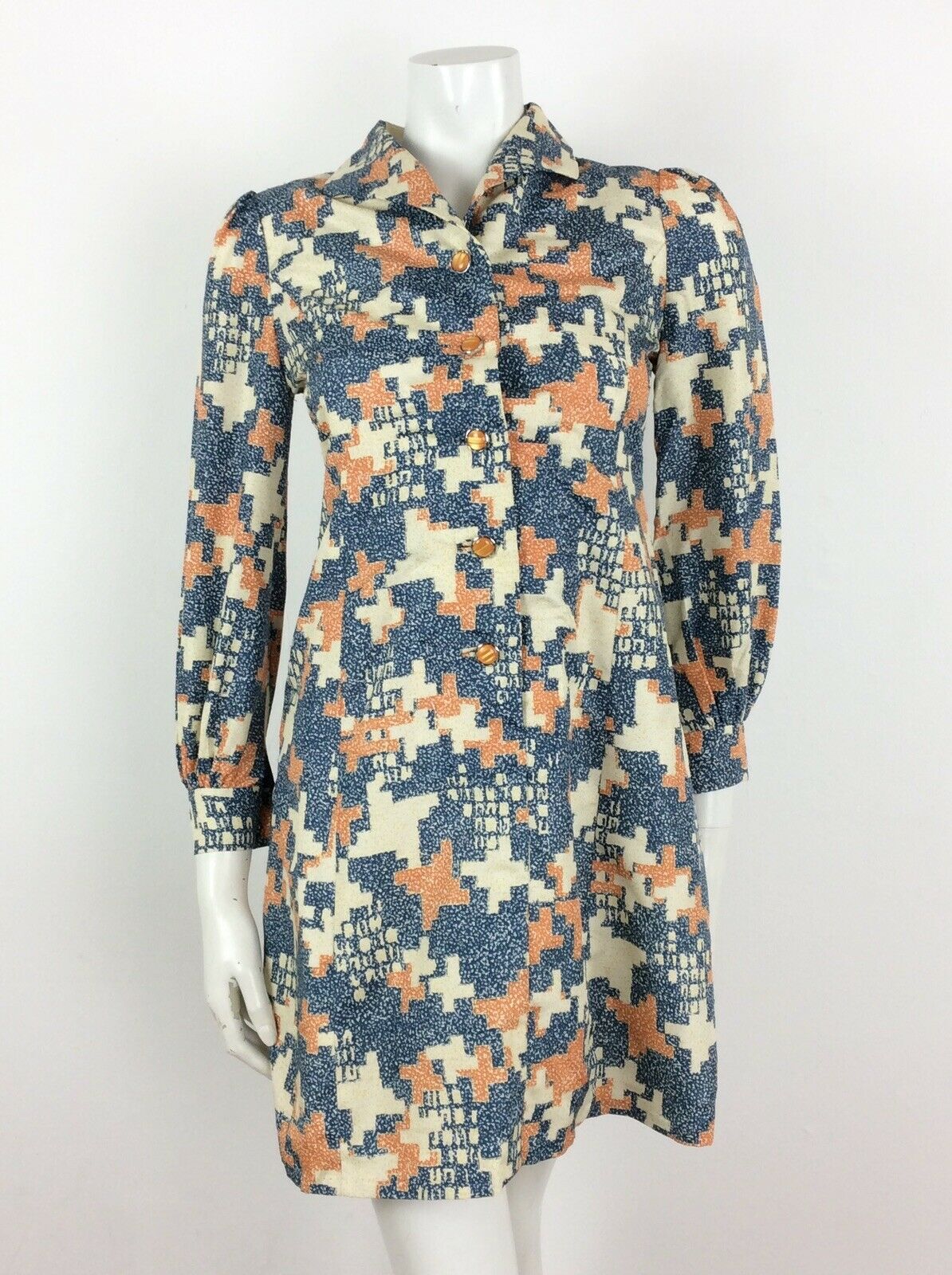 60S 70S VINTAGE CREAM BLUE ORANGE GEO ABSTRACT LONG SLEEVE SHIRT DRESS 8 10