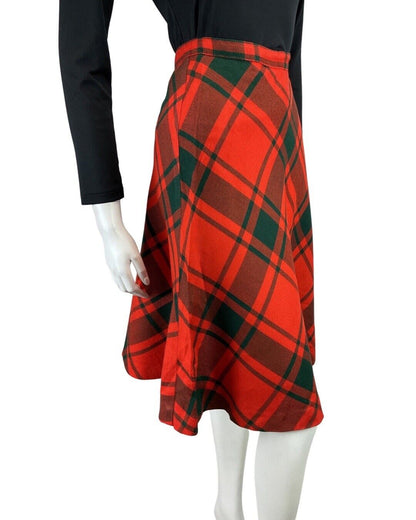 VINTAGE 60s 70s RED GREEN PLAID CHECKED KNEE-LENGTH SWING SKIRT 8