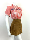 VTG 60s 70s RED WHITE BLUE GINGHAM FLORAL PUFF SLEEVE WESTERN MOD BLOUSE 14 16