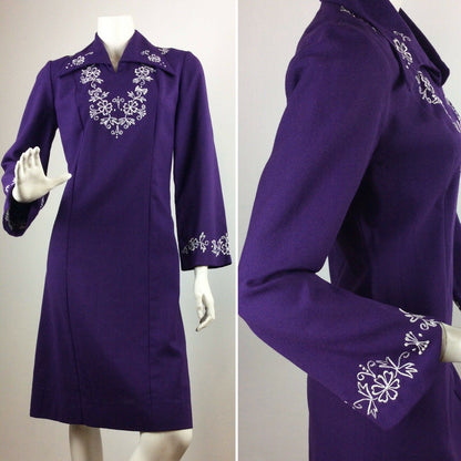 VINTAGE 1970s PURPLE DRESS WHITE FLORAL FLOWER BELL SLEEVE HIPPY MOD GOGO 8 10