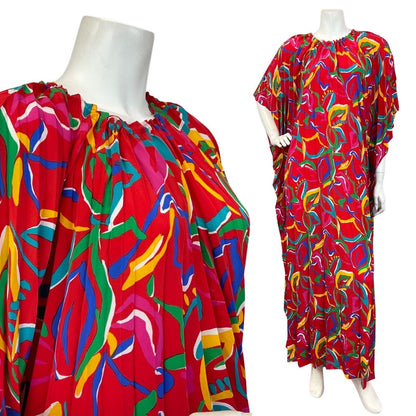 VINTAGE 60s 70s RED BLUE YELLOW ABSTRACT LEAFY PLEATED KAFTAN MAXI DRESS 12 14