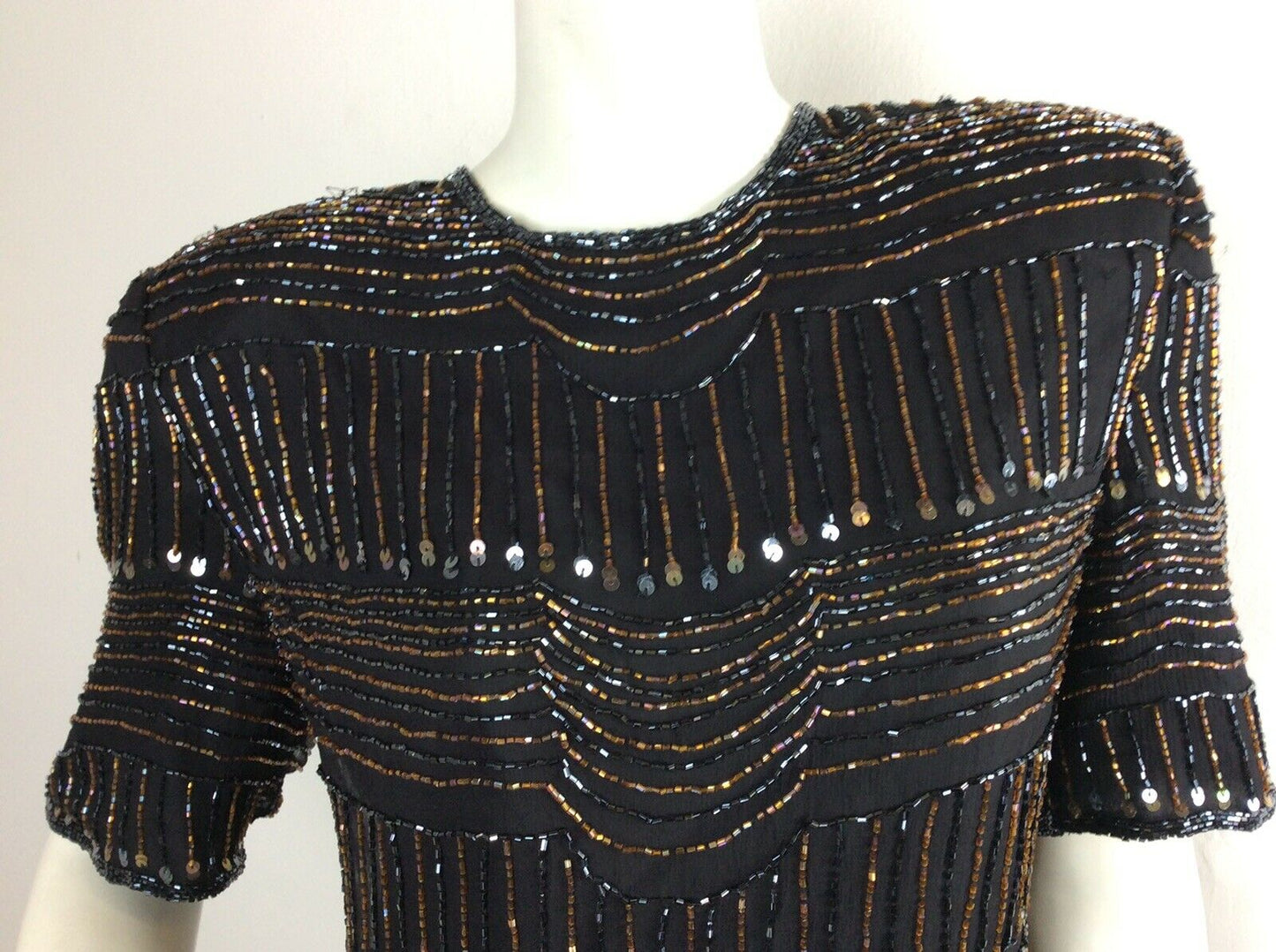 VTG 70S 80S SEQUIN BLACK PARTY DISCO TUNIC TOP 12 14