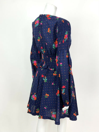 VTG 60s 70s BLUE ORANGE PINK FLORAL POLKA DOT PEPLUM RUCHED BOHO FOLK DRESS 8 10