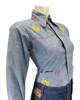 VINTAGE 60s 70s DENIM BLUE YELLOW EMBROIDERED FLOWER WESTERN DAGGER SHIRT 10