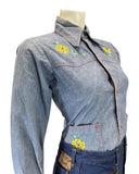 VINTAGE 60s 70s DENIM BLUE YELLOW EMBROIDERED FLOWER WESTERN DAGGER SHIRT 10