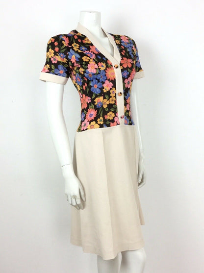 VINTAGE 60s 70s BEIGE PSYCHEDELIC BLACK ORANGE BLUE FLORAL DRESS 10 12