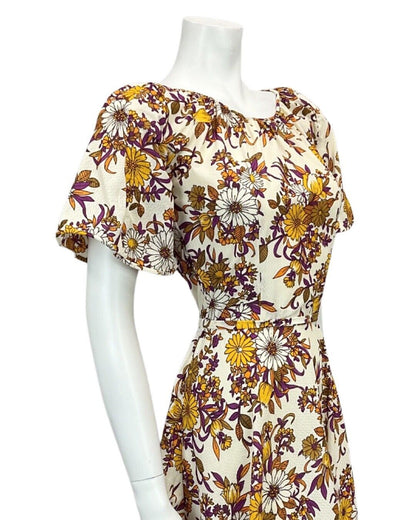 VINTAGE 60s 70s CREAM ORANGE PURPLE BROWN FLORAL PRINT BOHO MIDI DRESS 10 12