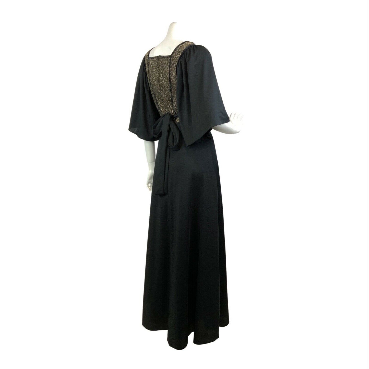 VINTAGE 60s 70s BLACK GOLD LUREX BELL SLEEVE BOHO PARTY DISCO MAXI DRESS 8