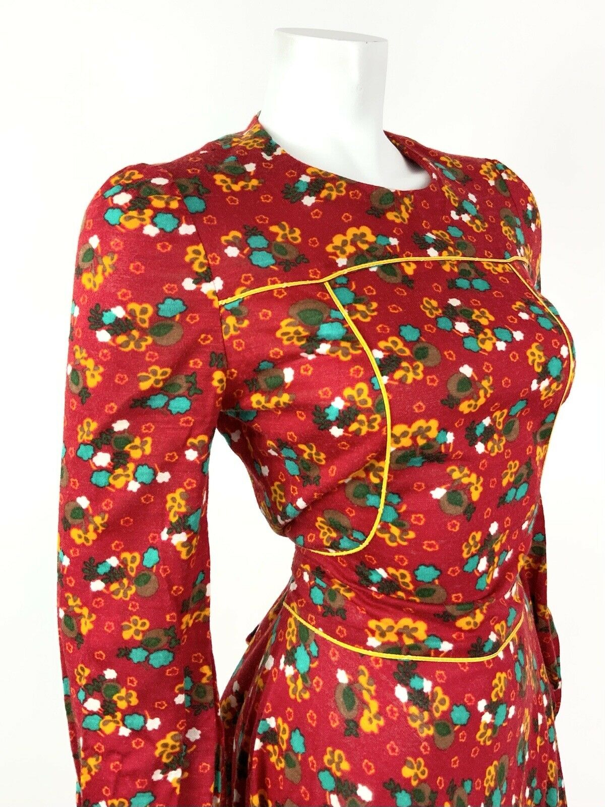 VINTAGE 60s 70s RED YELLOW BLUE FLORAL DITSY MOD PUFF SLEEVE MINI DRESS 8 10