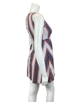 VINTAGE 60s 70s WHITE RED BLUE STRIPED POLKA-DOT DAISY SLEEVELESS MOD DRESS 6